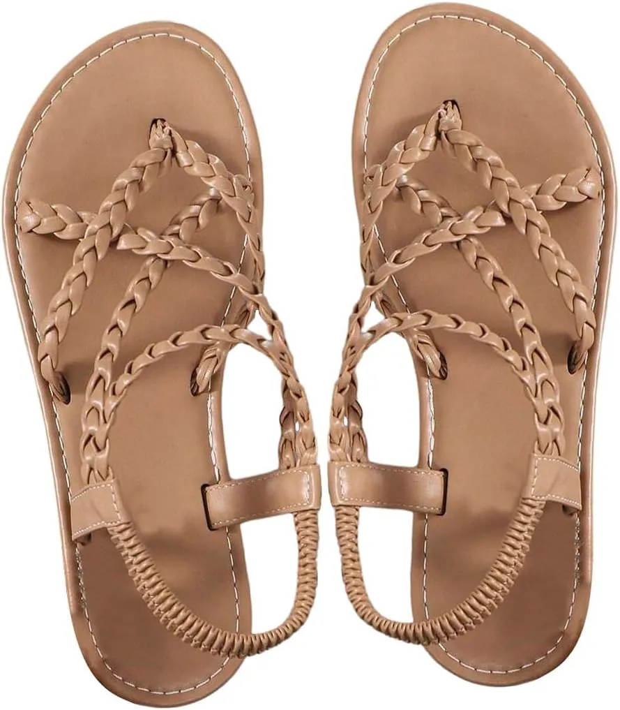 GORGLITTER Women's Strappy Flat Sandals Braided Strap Dressy Summer Sandals
