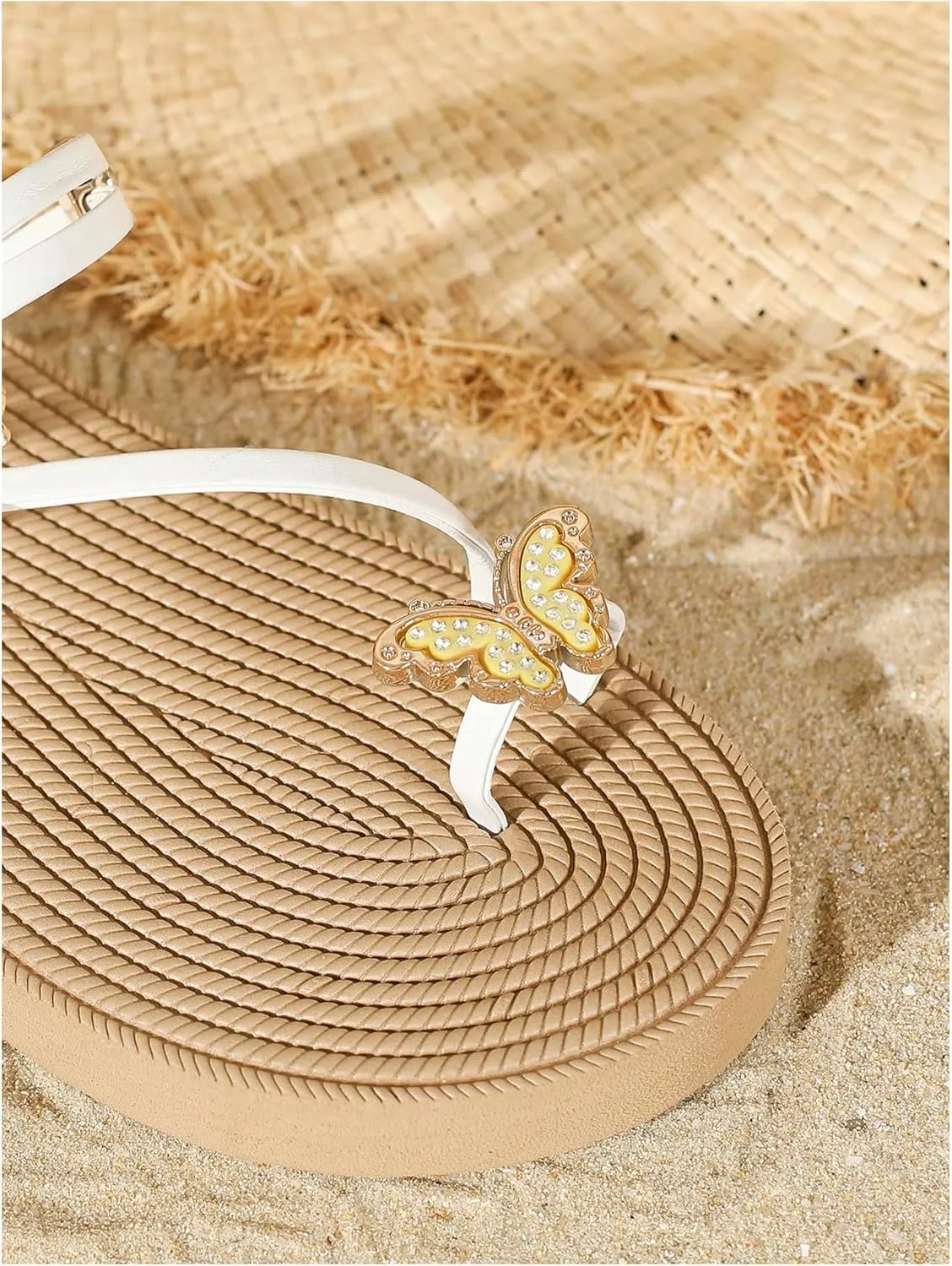 GORGLITTER Women's Straw Strappy Flat Sandals Butterfly Toe Ring Open Toe Beach Flip Flops