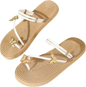 GORGLITTER Women's Straw Strappy Flat Sandals Butterfly Toe Ring Open Toe Beach Flip Flops