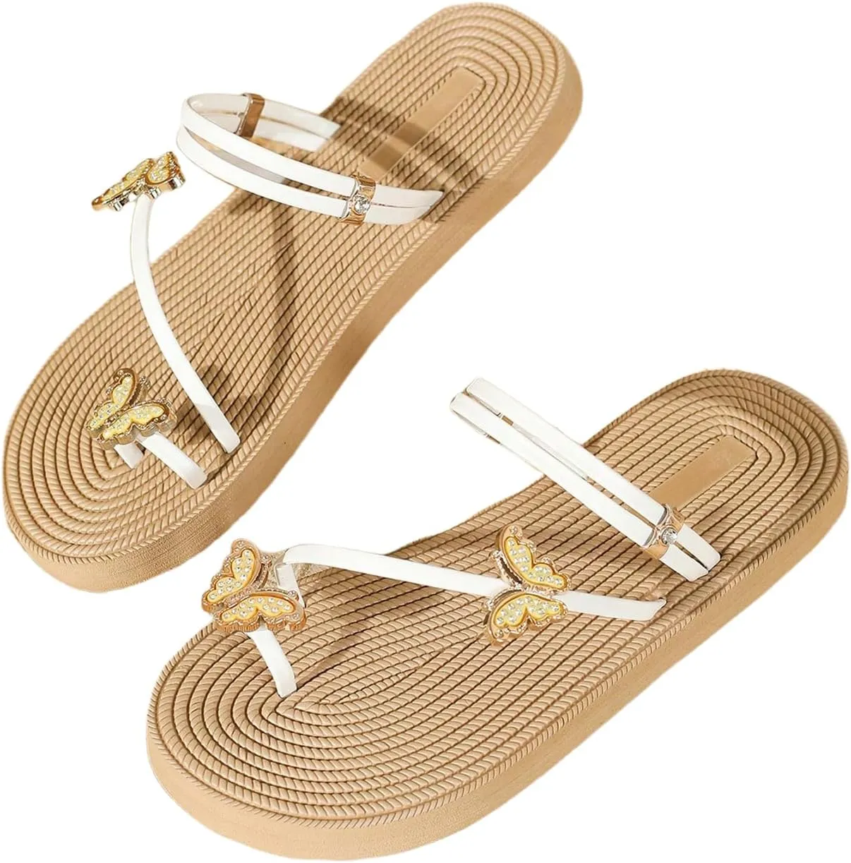 GORGLITTER Women's Straw Strappy Flat Sandals Butterfly Toe Ring Open Toe Beach Flip Flops