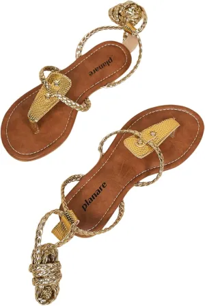 GORGLITTER Women's Summer Beach Flat Strappy Sandals Embossed Dressy Lace Up Flip Flops Sandals