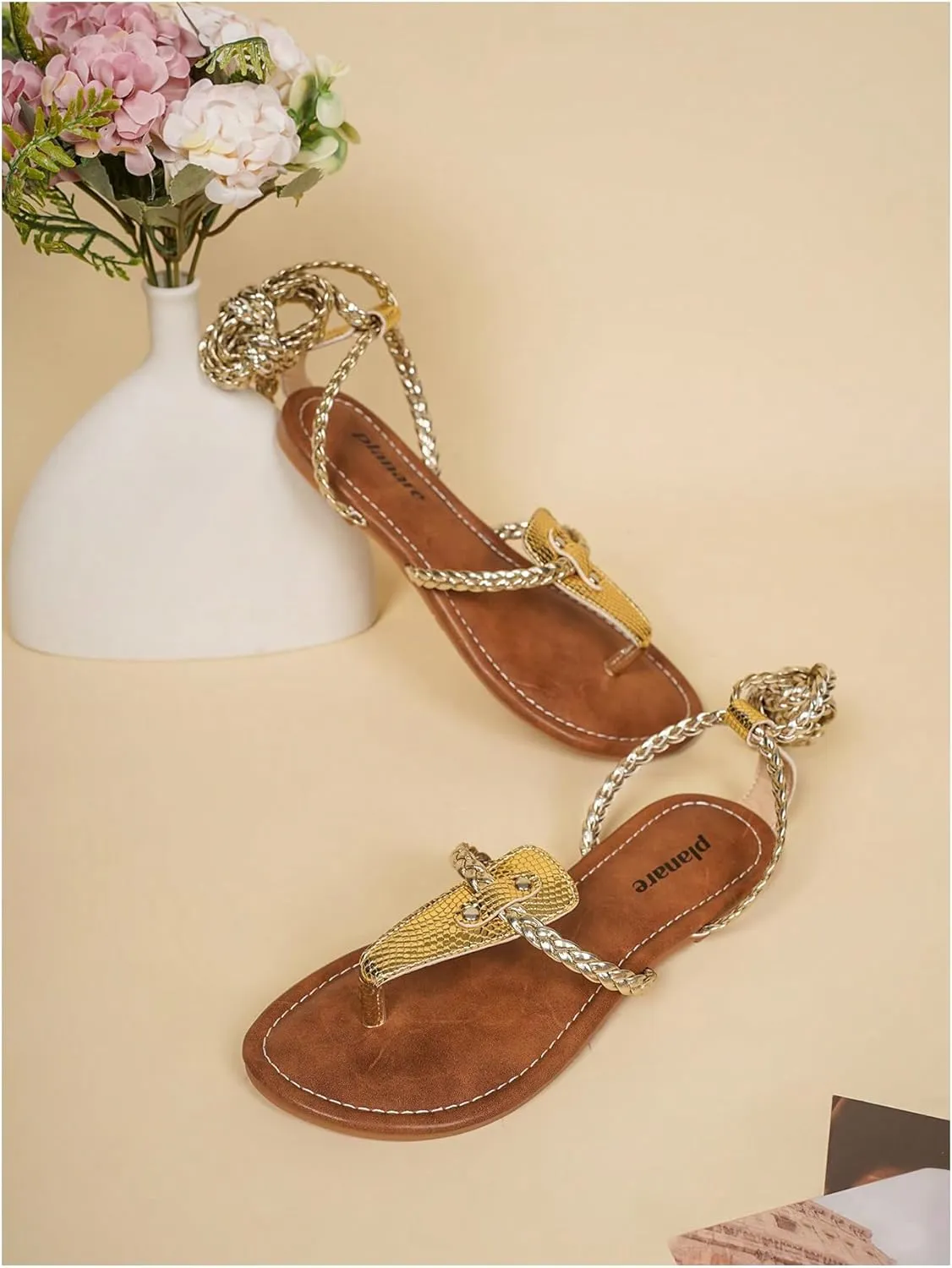 GORGLITTER Women's Summer Beach Flat Strappy Sandals Embossed Dressy Lace Up Flip Flops Sandals