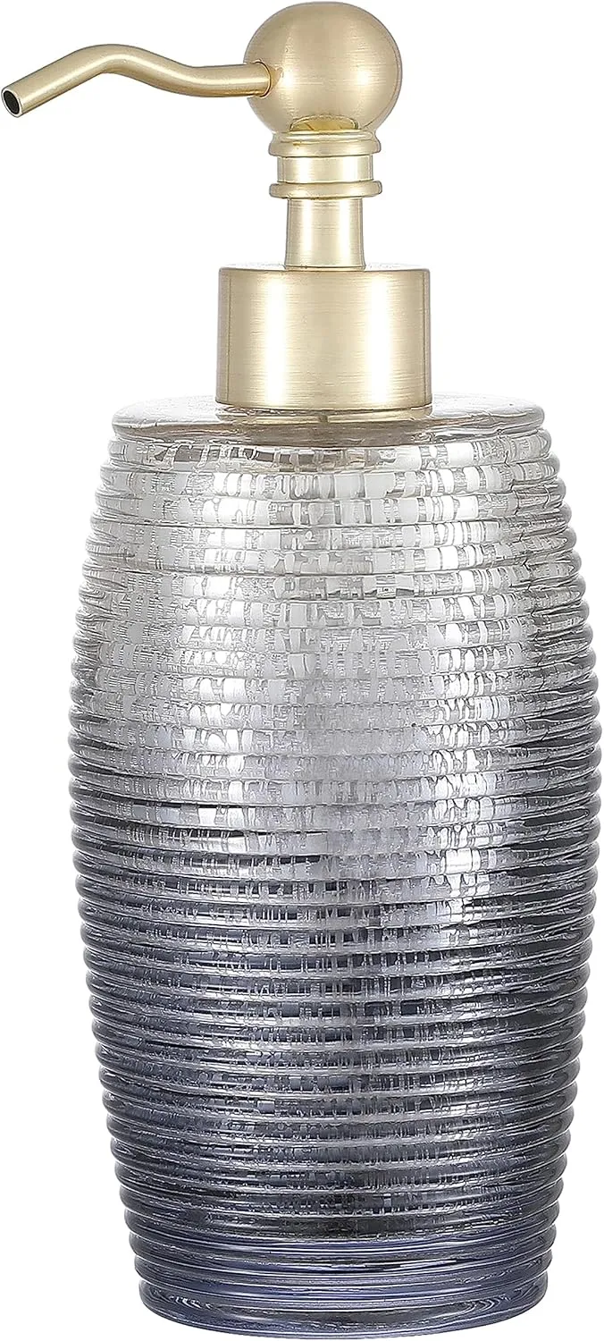 H Halston Soap Dispenser, Rustproof Brushed Gold Stainless Steel Metal Pump, for Soap and Lotion, Kitchen Sink, Ribbed Heavy Weight Thick Glass, Modern Chic Decor for Home, Bathroom Sink Accessories