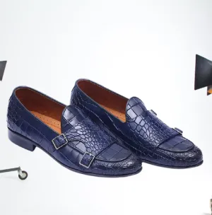 Handmade Blue Crocodile Monk Shoes for Men
