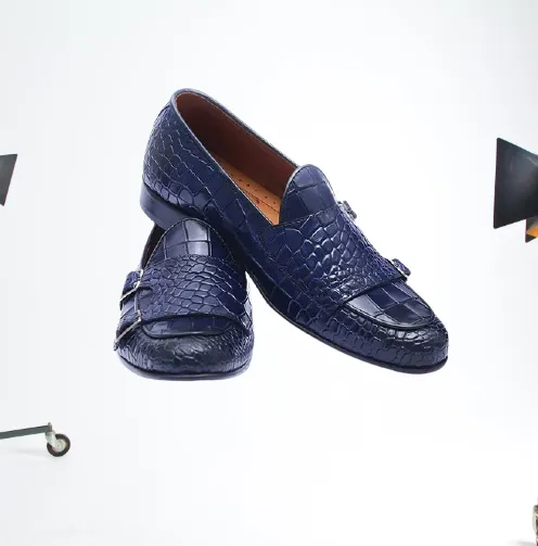 Handmade Blue Crocodile Monk Shoes for Men
