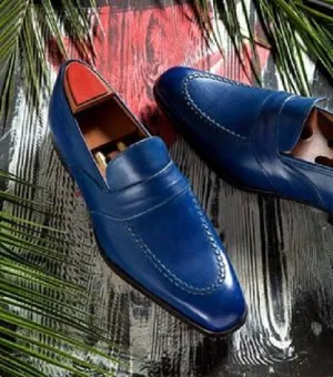 Handmade Blue Leather Loafers for Men