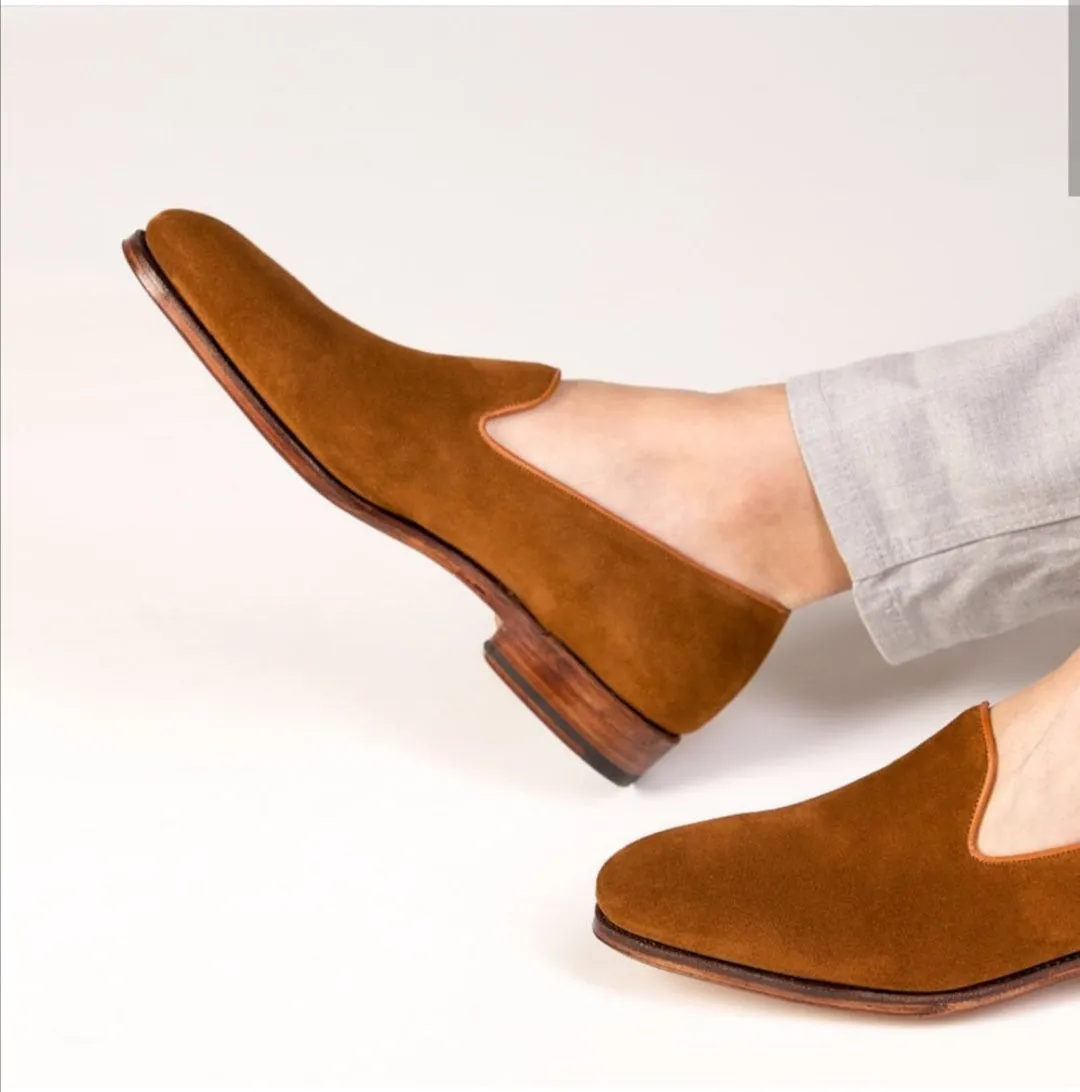 Handmade Brown Suede Leather Penny Loafer Driving Shoes