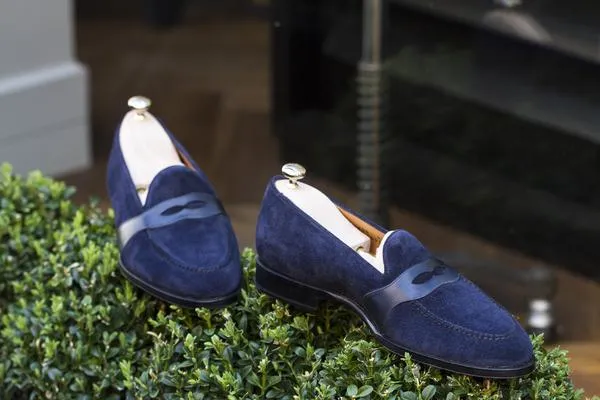 Handmade Suede Loafer Moccasins Shoes for Men - Blue Slip Ons