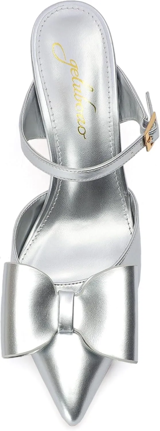 Heels for Women Closed Toe Bowkont Pumps Sexy Pointed Toe Ankle Buckle Strap Slip On Chunky Mid Heels Wedding Bridal Party Shoes