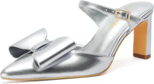 Heels for Women Closed Toe Bowkont Pumps Sexy Pointed Toe Ankle Buckle Strap Slip On Chunky Mid Heels Wedding Bridal Party Shoes