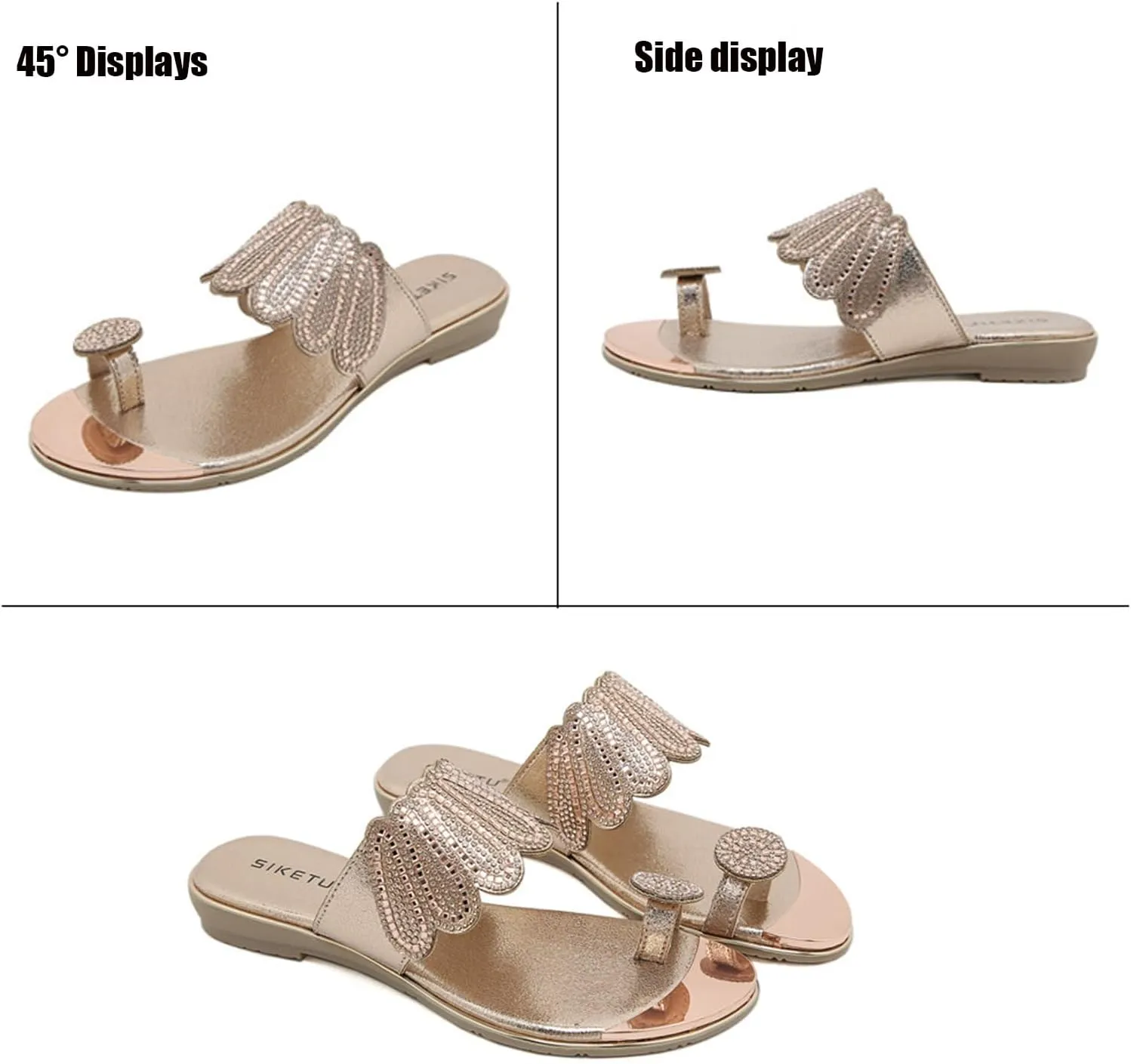 Helenbra Women's Rhinestones Toe Ring Flat Slide Sandals,Summer Fashion Sparkly Crystal Studded Open Toe Flip Flops Comfortable Slip-on Bohemian Outdoor Vacation Beach Slippers