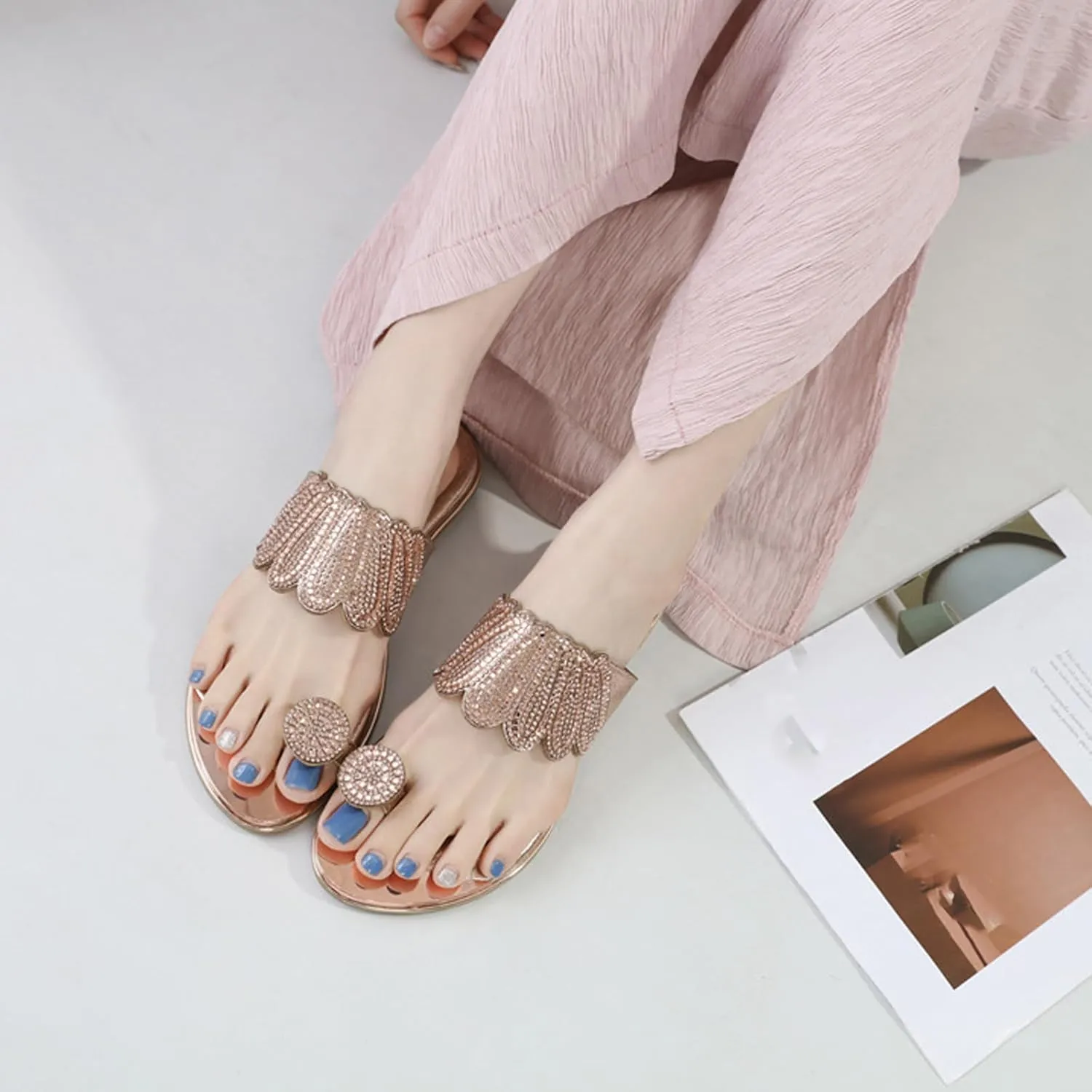 Helenbra Women's Rhinestones Toe Ring Flat Slide Sandals,Summer Fashion Sparkly Crystal Studded Open Toe Flip Flops Comfortable Slip-on Bohemian Outdoor Vacation Beach Slippers