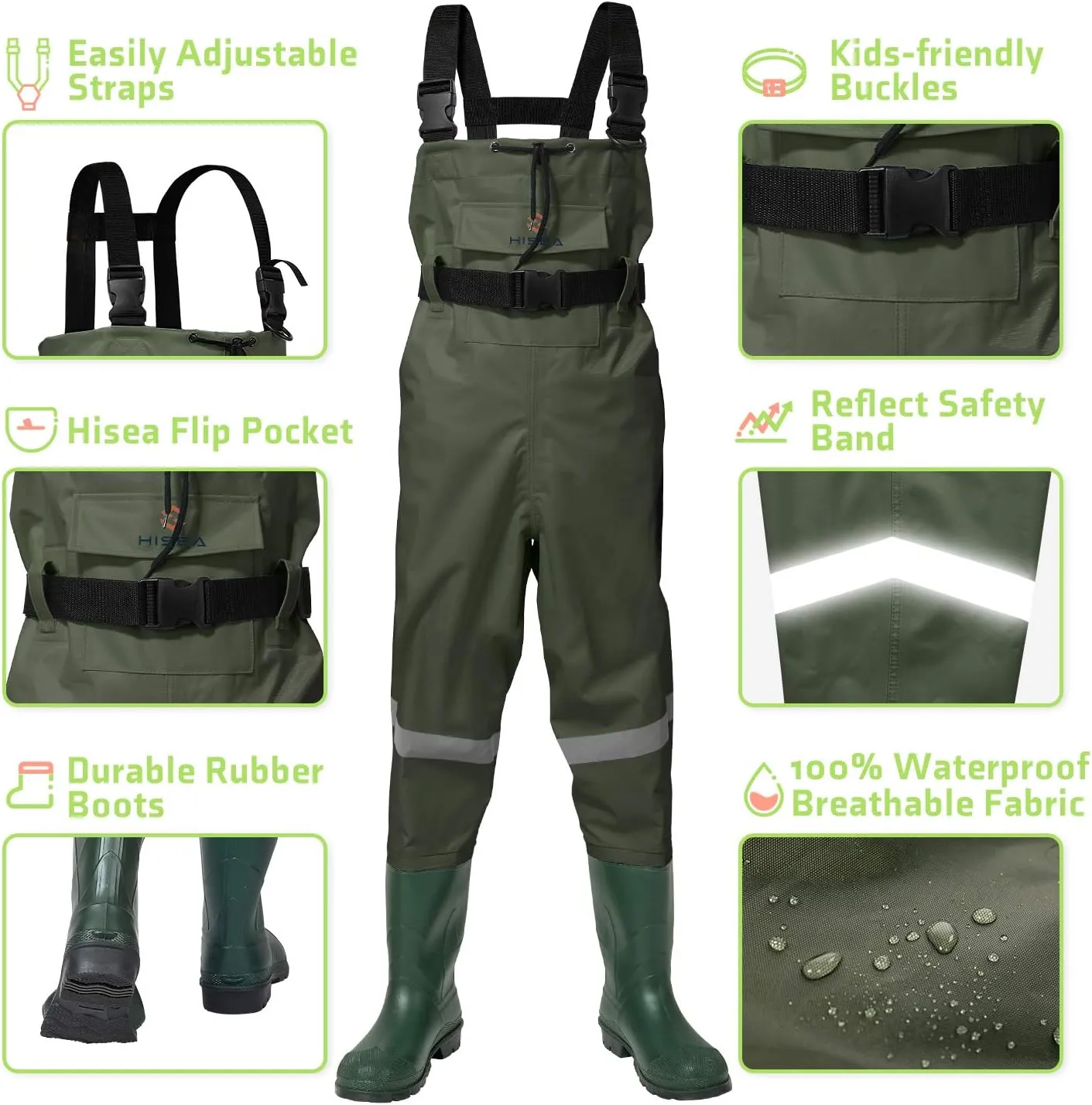 HISEA Kids Chest Waders Youth Fishing Waders for Toddler Children Waterproof Hunting Waders with Boots & Reflect Safety Band