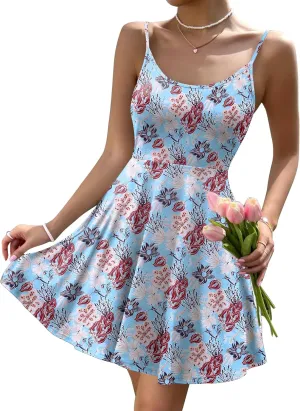 HOTOUCH Women's Summer Dress Adjustable Spaghetti Strap Floral Mini Casual Dress with Pockets Fit & Flare Beach Sundress