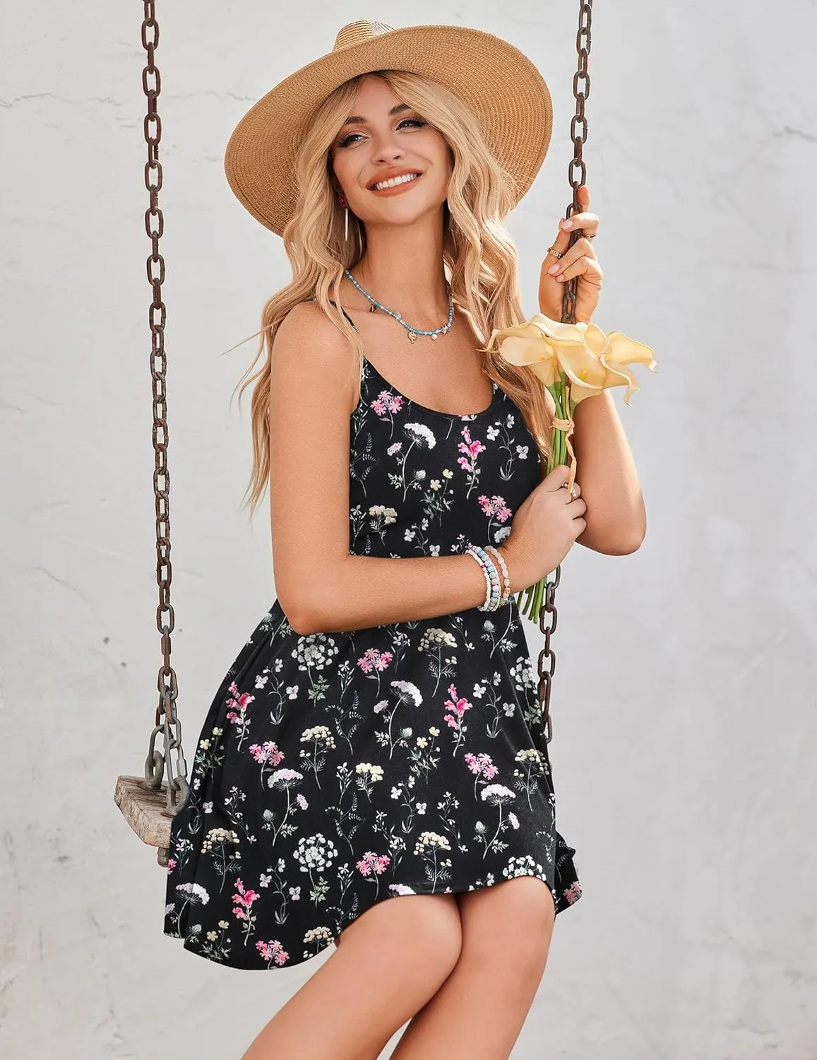 HOTOUCH Women's Summer Dress Adjustable Spaghetti Strap Floral Mini Casual Dress with Pockets Fit & Flare Beach Sundress