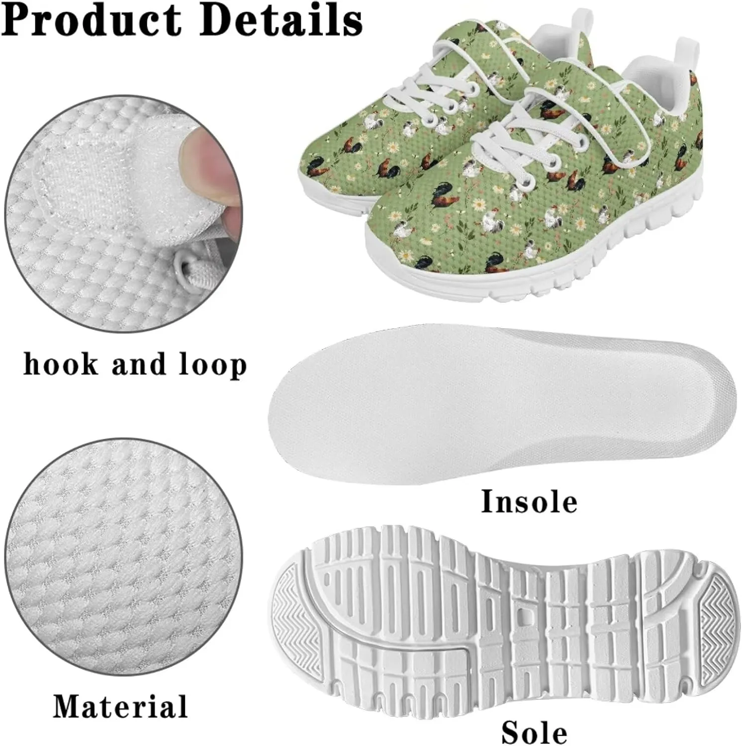 Howilath Rooster Print Children Sneakers for Girls with Single Buckle Athletic Walking Shoes Non-Slip Sole