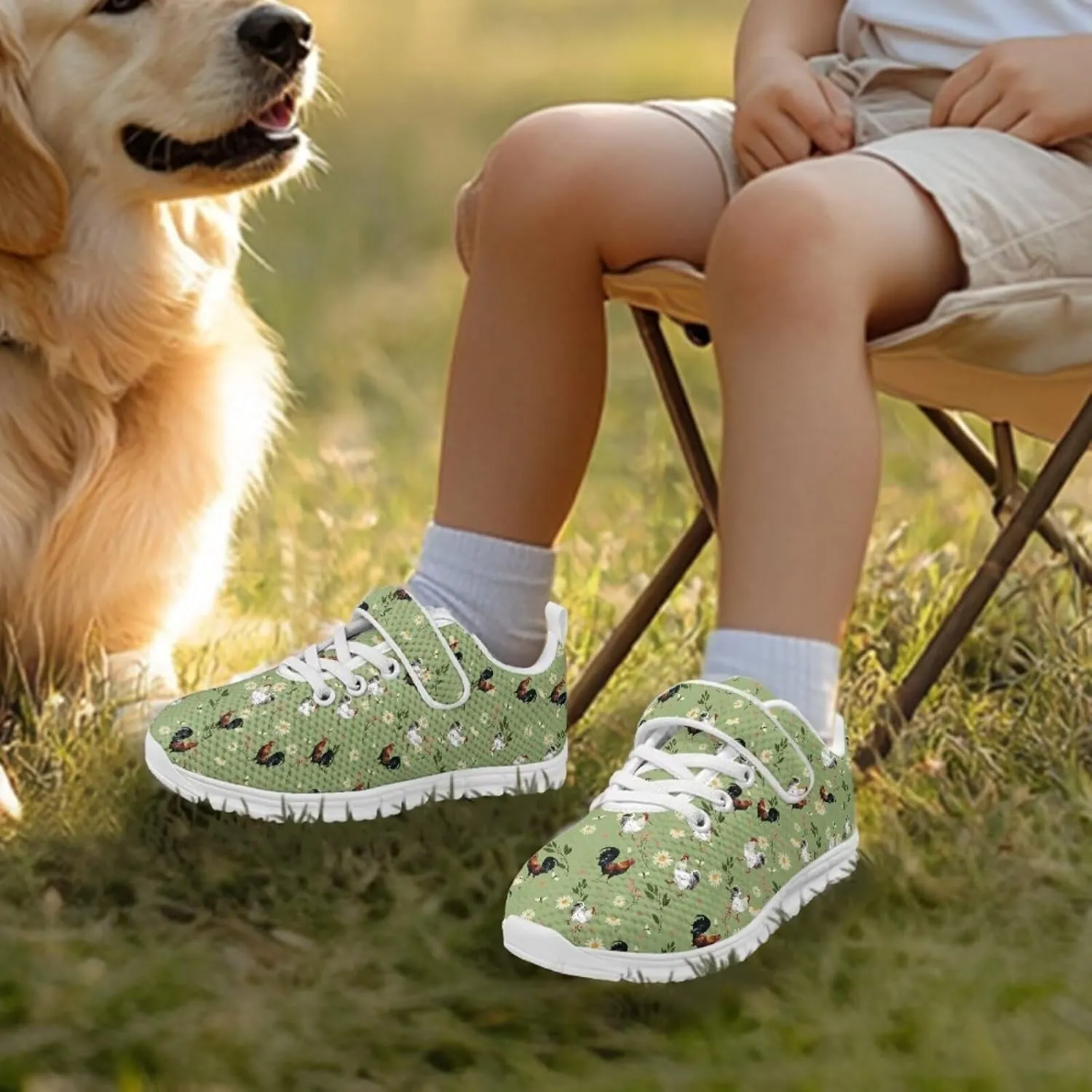 Howilath Rooster Print Children Sneakers for Girls with Single Buckle Athletic Walking Shoes Non-Slip Sole