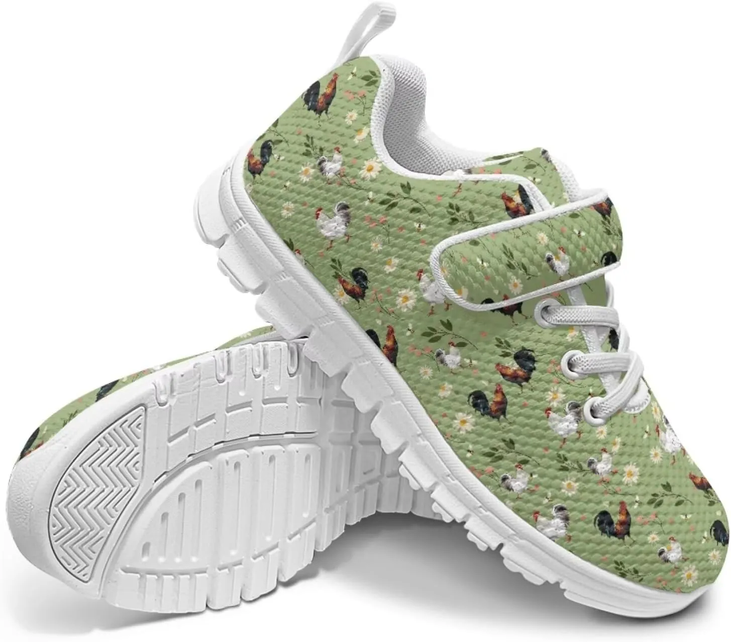 Howilath Rooster Print Children Sneakers for Girls with Single Buckle Athletic Walking Shoes Non-Slip Sole