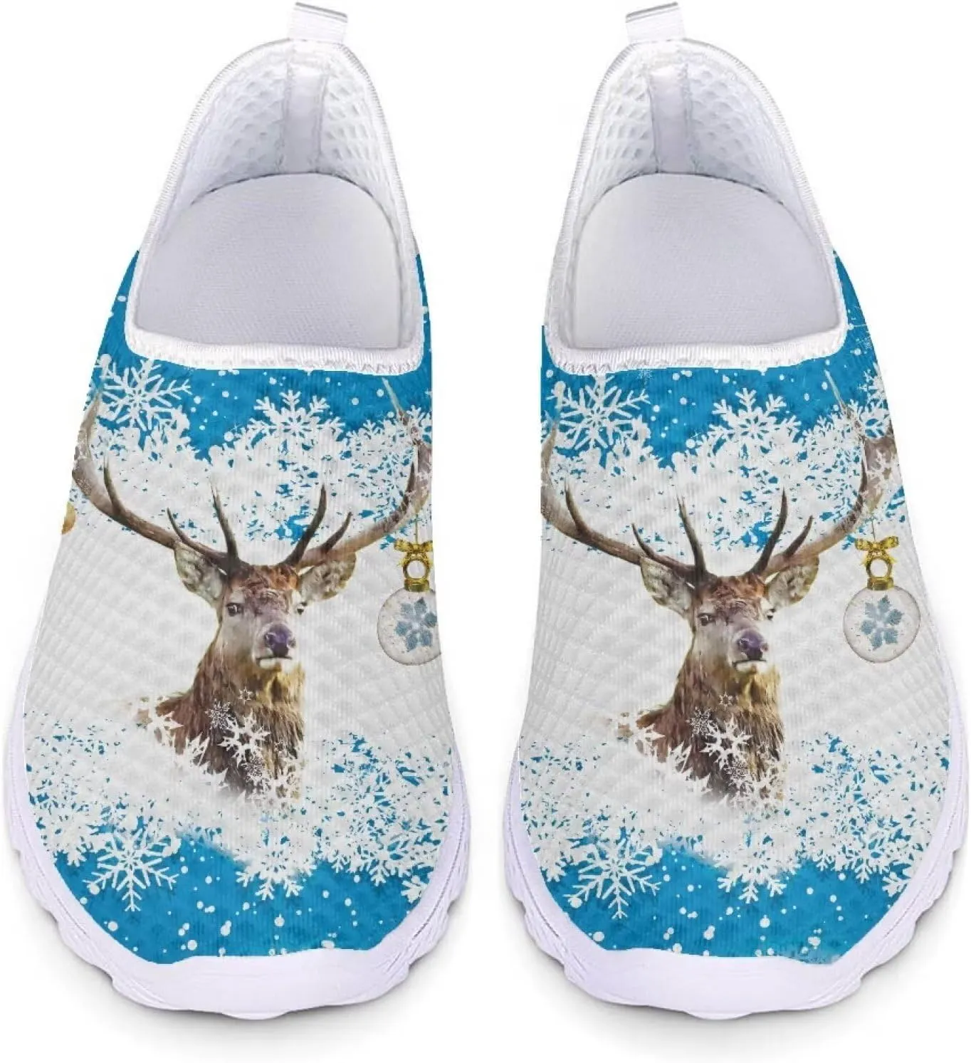 HUIACONG Christmas Women Tennis Shoes Reindeer Snowflake Slip On Trainers for Ladies Lightweight Mesh Sneakers for Unisex Youth Loafers Daily Walking Yoga Leisure Trainers Size 6