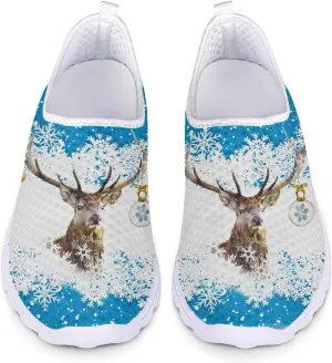 HUIACONG Christmas Women Tennis Shoes Reindeer Snowflake Slip On Trainers for Ladies Lightweight Mesh Sneakers for Unisex Youth Loafers Daily Walking Yoga Leisure Trainers Size 6