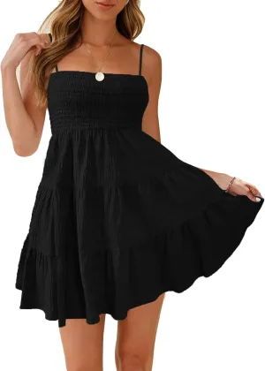 HVEPUO Women Spaghetti Strap Sleeveless Smock Cami Mini Dress Summer Vacation Flowy Boho A Line Swing Short Dresses for Women