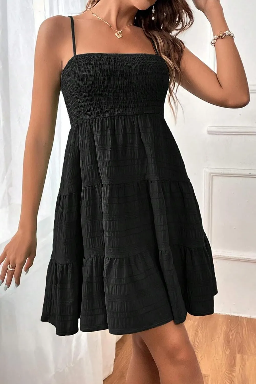HVEPUO Women Spaghetti Strap Sleeveless Smock Cami Mini Dress Summer Vacation Flowy Boho A Line Swing Short Dresses for Women