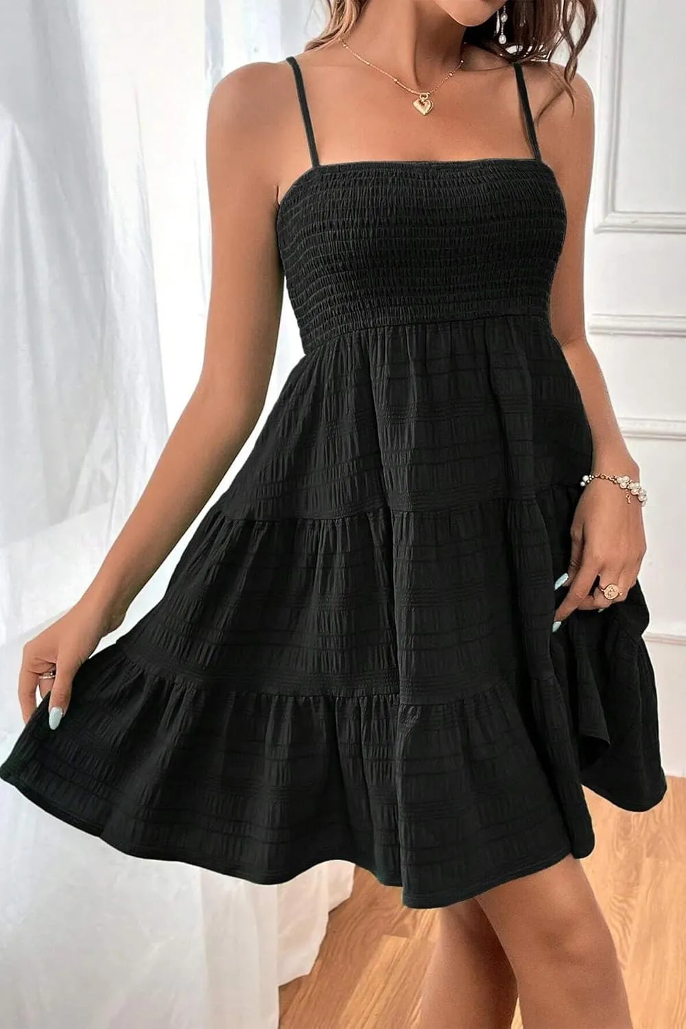 HVEPUO Women Spaghetti Strap Sleeveless Smock Cami Mini Dress Summer Vacation Flowy Boho A Line Swing Short Dresses for Women
