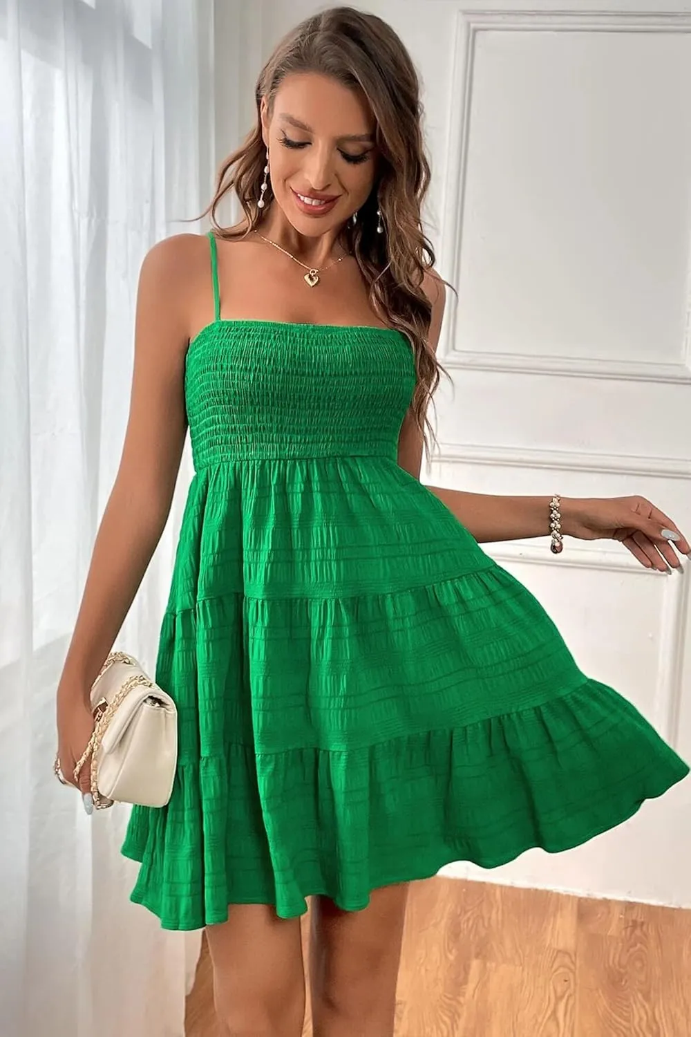 HVEPUO Women Spaghetti Strap Sleeveless Smock Cami Mini Dress Summer Vacation Flowy Boho A Line Swing Short Dresses for Women