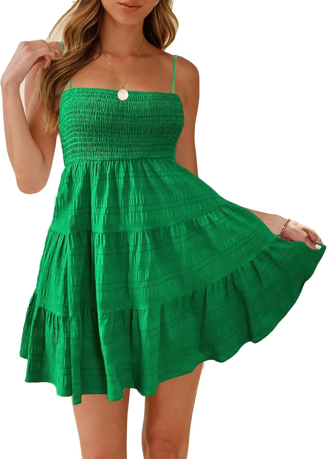 HVEPUO Women Spaghetti Strap Sleeveless Smock Cami Mini Dress Summer Vacation Flowy Boho A Line Swing Short Dresses for Women
