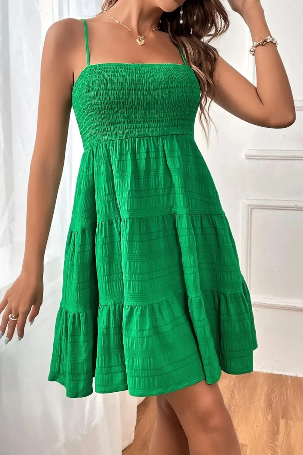 HVEPUO Women Spaghetti Strap Sleeveless Smock Cami Mini Dress Summer Vacation Flowy Boho A Line Swing Short Dresses for Women