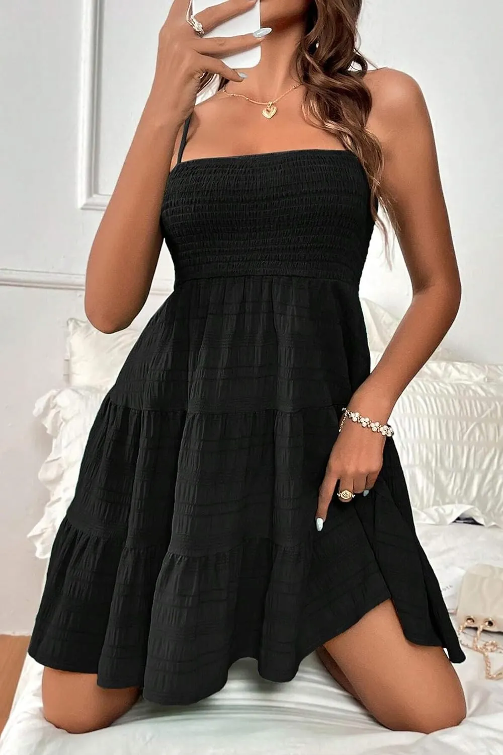 HVEPUO Women Spaghetti Strap Sleeveless Smock Cami Mini Dress Summer Vacation Flowy Boho A Line Swing Short Dresses for Women