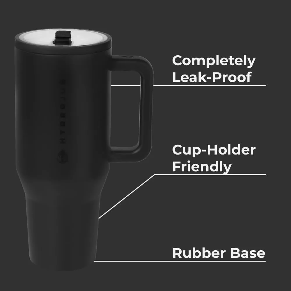 HydroJug Traveler - 40 oz Water Bottle with Handle & Flip Straw - Fits in Cup Holder, Leak Resistant Tumbler-Reusable Insulated Stainless Steel & Rubber Base - Gifts for Women & Men, Black