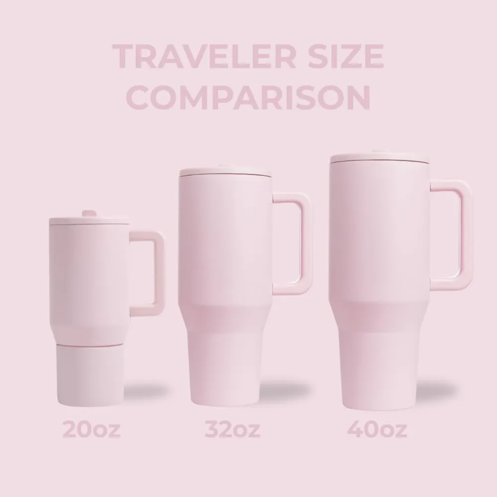 HydroJug Traveler - 40 oz Water Bottle with Handle & Flip Straw - Fits in Cup Holder, Leak Resistant Tumbler-Reusable Insulated Stainless Steel & Rubber Base - Gifts for Women & Men, Pink Sand