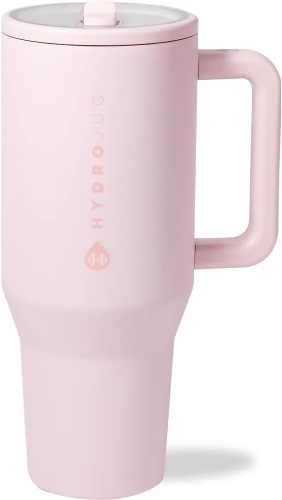 HydroJug Traveler - 40 oz Water Bottle with Handle & Flip Straw - Fits in Cup Holder, Leak Resistant Tumbler-Reusable Insulated Stainless Steel & Rubber Base - Gifts for Women & Men, Pink Sand