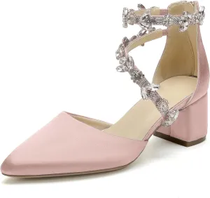 Hyinlays Women's Closed Pointed Toe Block Heel Satin Crystal Wedding Pump Shoes Chunky Low Heel Bridal Prom Heels Sandals