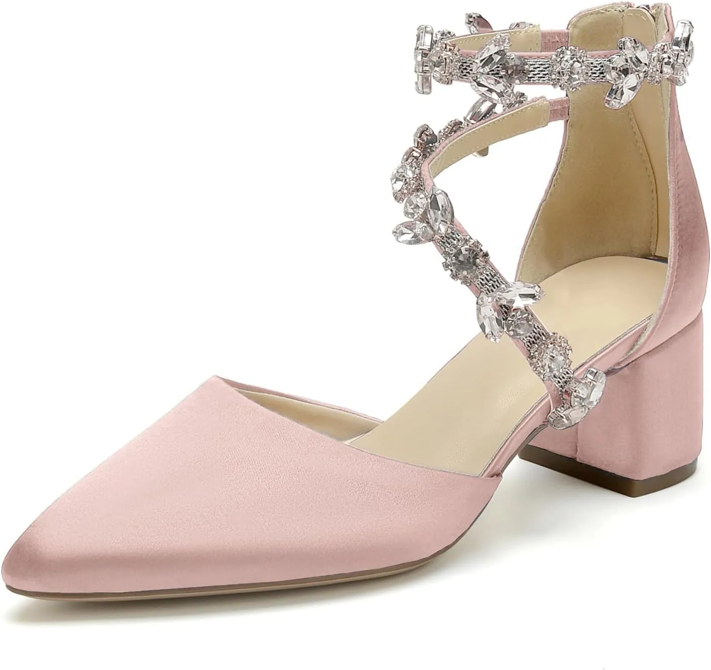 Hyinlays Women's Closed Pointed Toe Block Heel Satin Crystal Wedding Pump Shoes Chunky Low Heel Bridal Prom Heels Sandals