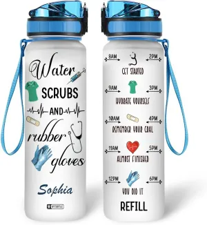 Hyturtle Personalized Water Scrubs Rubber Gloves Nurse 32oz Liter Motivational Water Bottle, Customized Name Funny Nurse With Time Marker, Gifts For Nurses Women Coworkers On Birthday