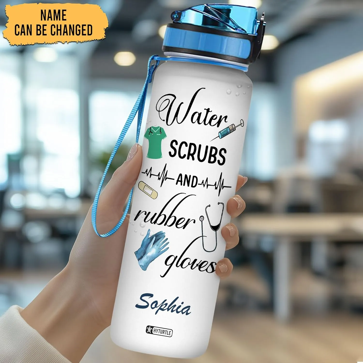 Hyturtle Personalized Water Scrubs Rubber Gloves Nurse 32oz Liter Motivational Water Bottle, Customized Name Funny Nurse With Time Marker, Gifts For Nurses Women Coworkers On Birthday