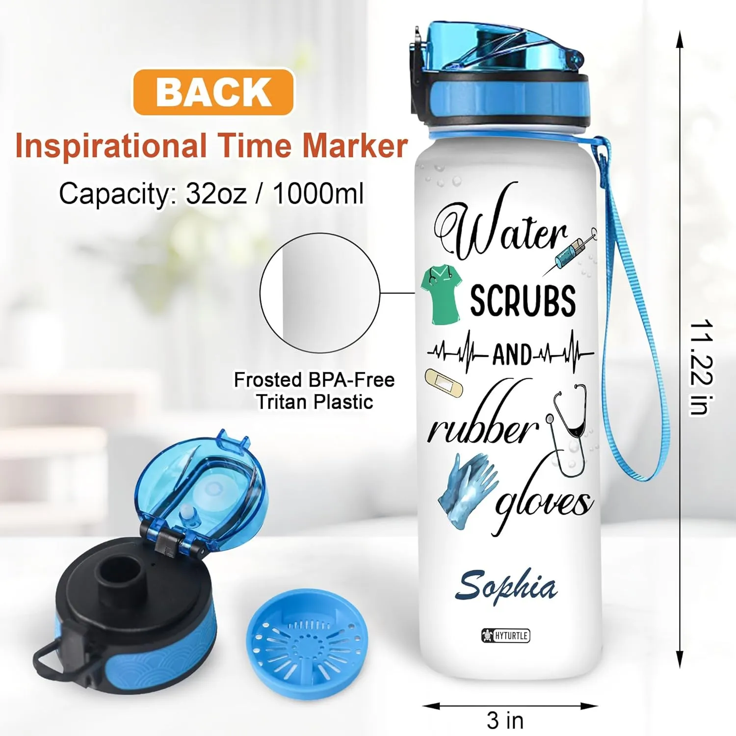 Hyturtle Personalized Water Scrubs Rubber Gloves Nurse 32oz Liter Motivational Water Bottle, Customized Name Funny Nurse With Time Marker, Gifts For Nurses Women Coworkers On Birthday