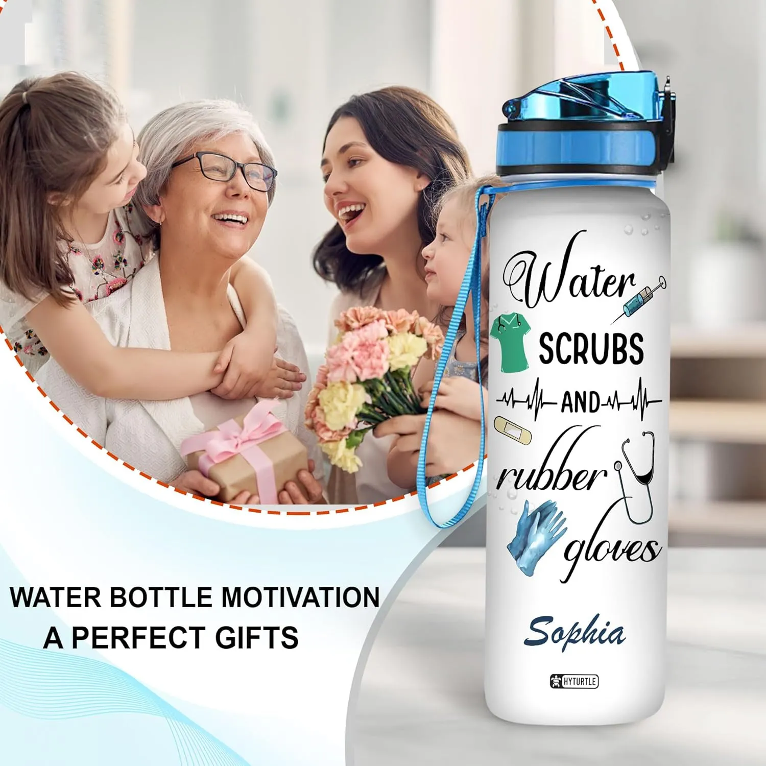 Hyturtle Personalized Water Scrubs Rubber Gloves Nurse 32oz Liter Motivational Water Bottle, Customized Name Funny Nurse With Time Marker, Gifts For Nurses Women Coworkers On Birthday