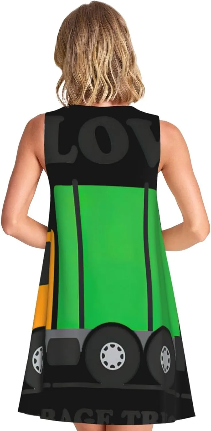 I Love Garbage Trucks Print Women's Sleeveless Dress,Sundresses with Pocket Sleeveless Vest Skirt S-3xl