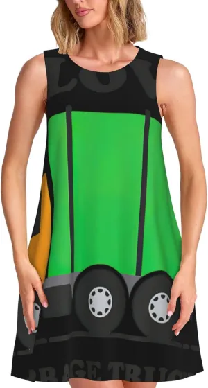 I Love Garbage Trucks Print Women's Sleeveless Dress,Sundresses with Pocket Sleeveless Vest Skirt S-3xl