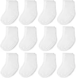 JAKIDAR 12 Pack Baby Toddler Socks Non Slip Grip Cotton Crew Socks for Boys Girls Infants Kids