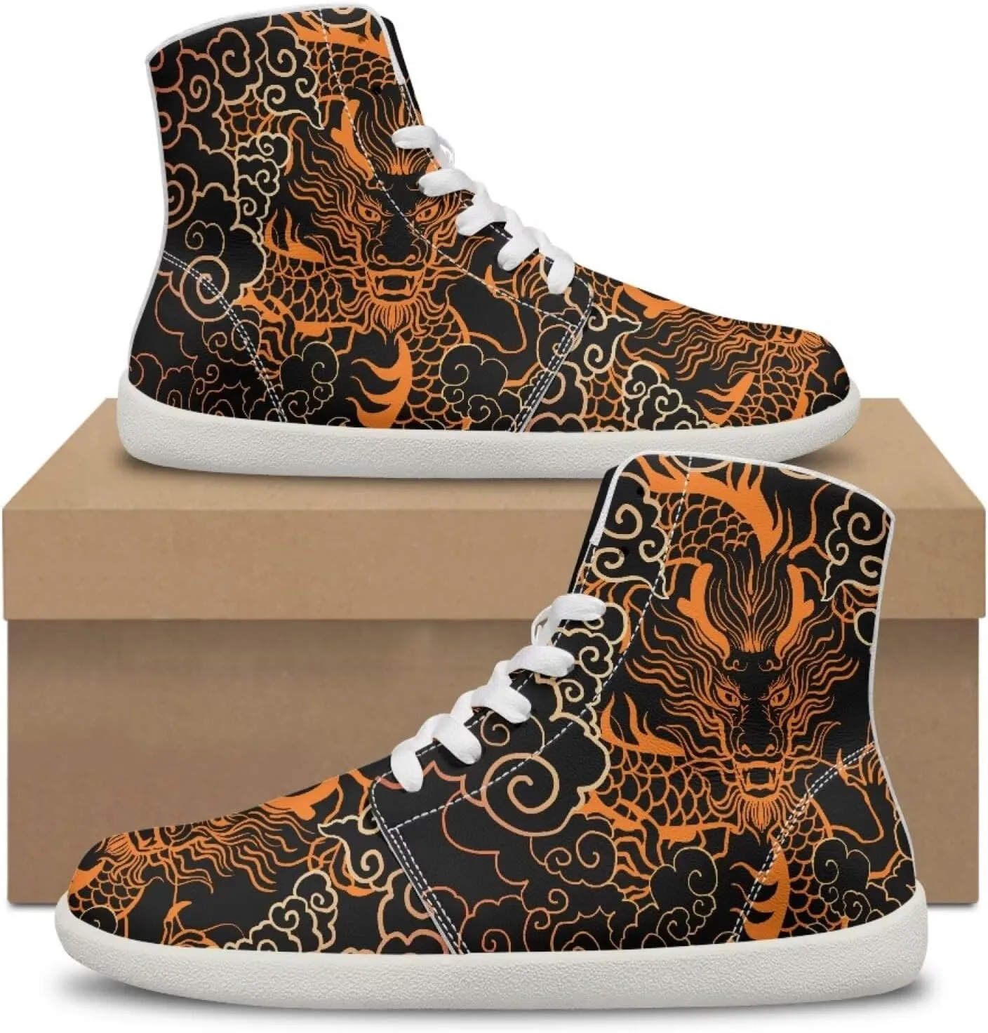 Jeiento Mens High Top Shoes Wide Width Dragon Pattern Barefoot Shoes Casual Walking Shoes