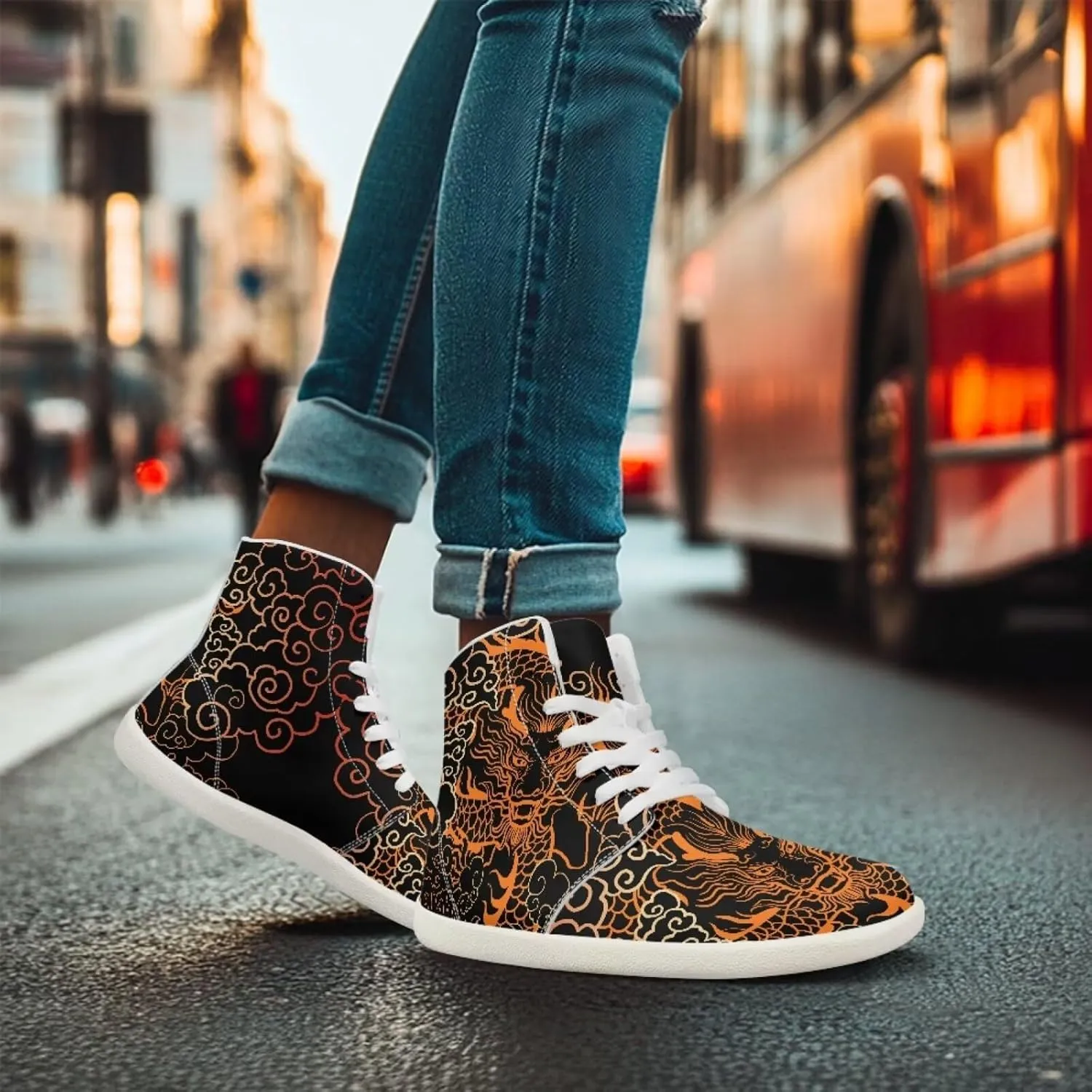 Jeiento Mens High Top Shoes Wide Width Dragon Pattern Barefoot Shoes Casual Walking Shoes
