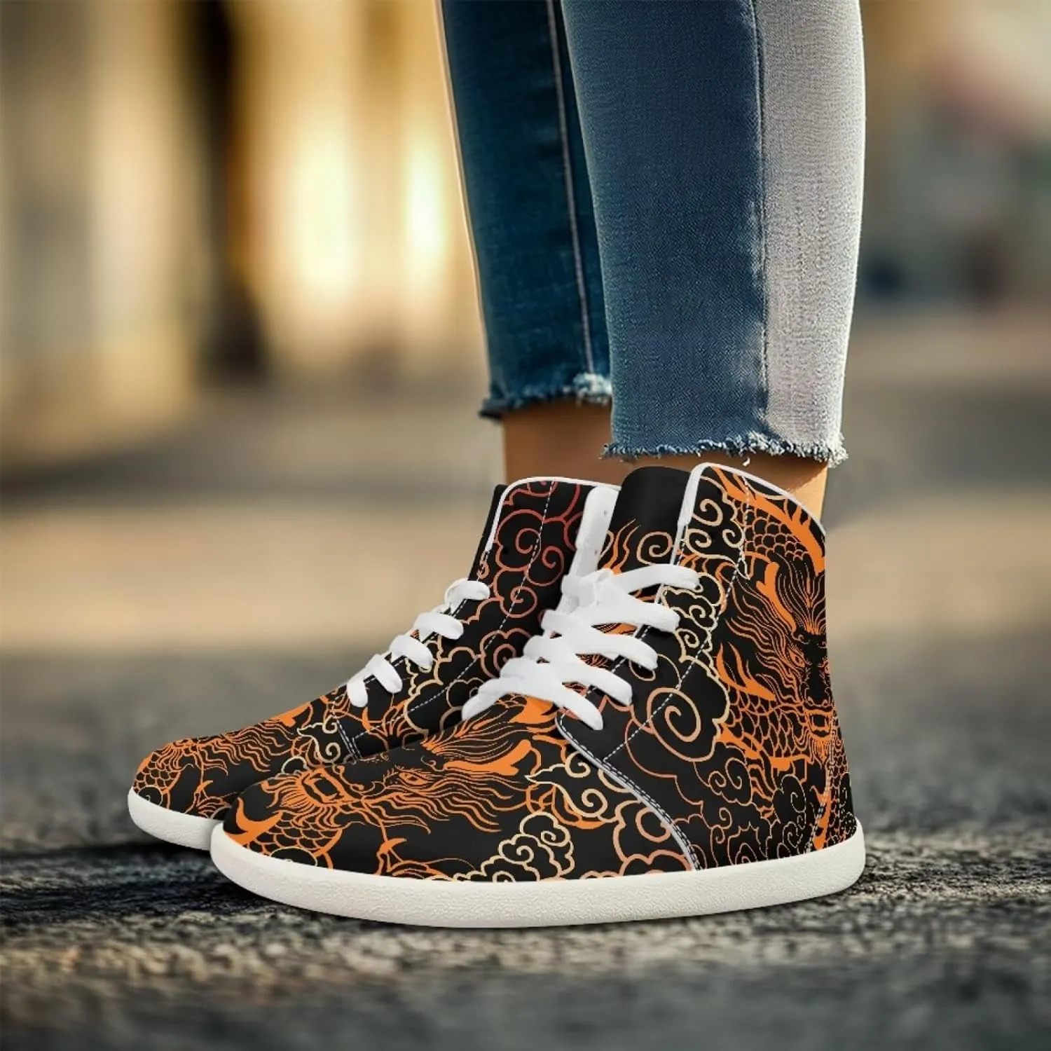 Jeiento Mens High Top Shoes Wide Width Dragon Pattern Barefoot Shoes Casual Walking Shoes