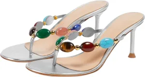 Jewelled Thong Heeled Sandals for Women Slip On Round Open Toe Flip Flop Pumps Mules Summer Strappy High Heels Dress Wedding Shoes