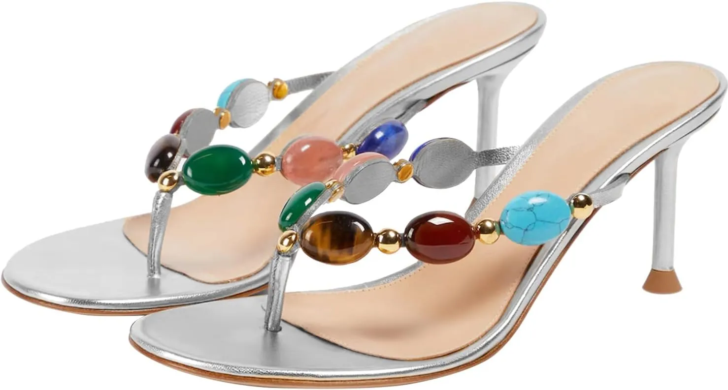Jewelled Thong Heeled Sandals for Women Slip On Round Open Toe Flip Flop Pumps Mules Summer Strappy High Heels Dress Wedding Shoes