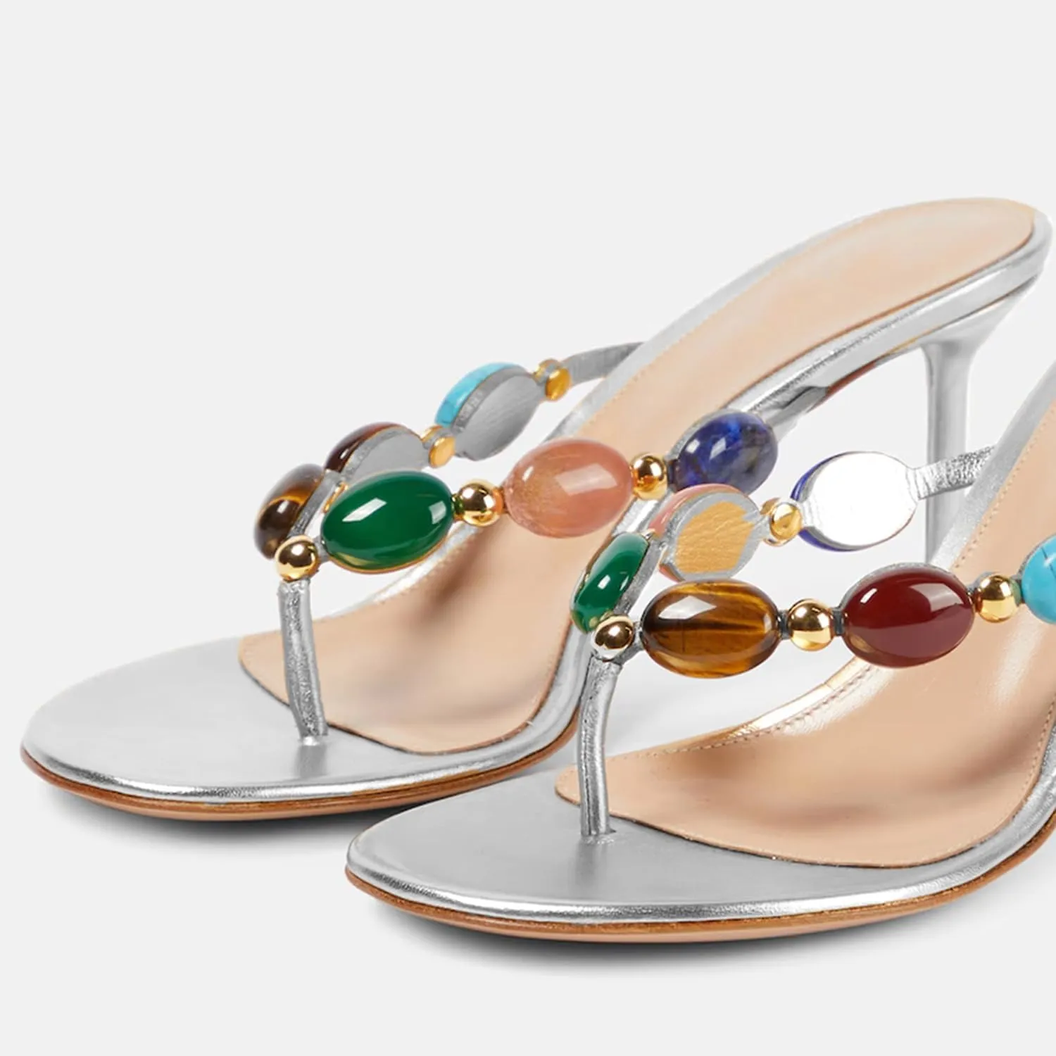Jewelled Thong Heeled Sandals for Women Slip On Round Open Toe Flip Flop Pumps Mules Summer Strappy High Heels Dress Wedding Shoes