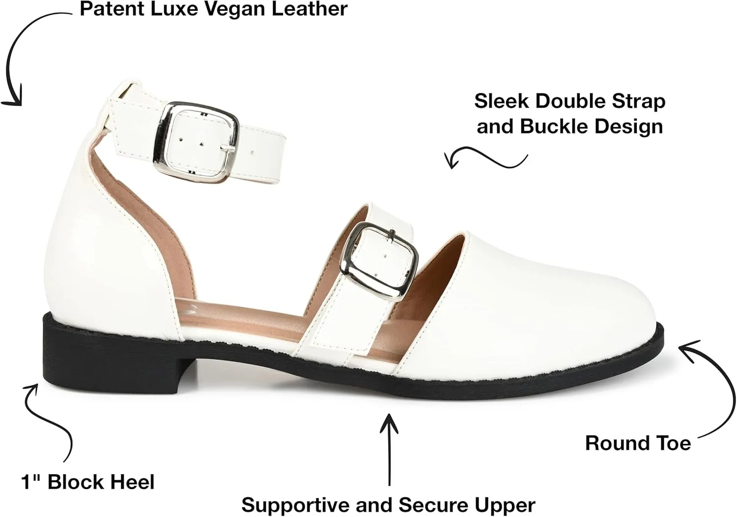 Journee Mary Jane Low Block Heel Double Buckle Strap Glossy Round Toe Shoe for Women - Comfy Constance Flat
